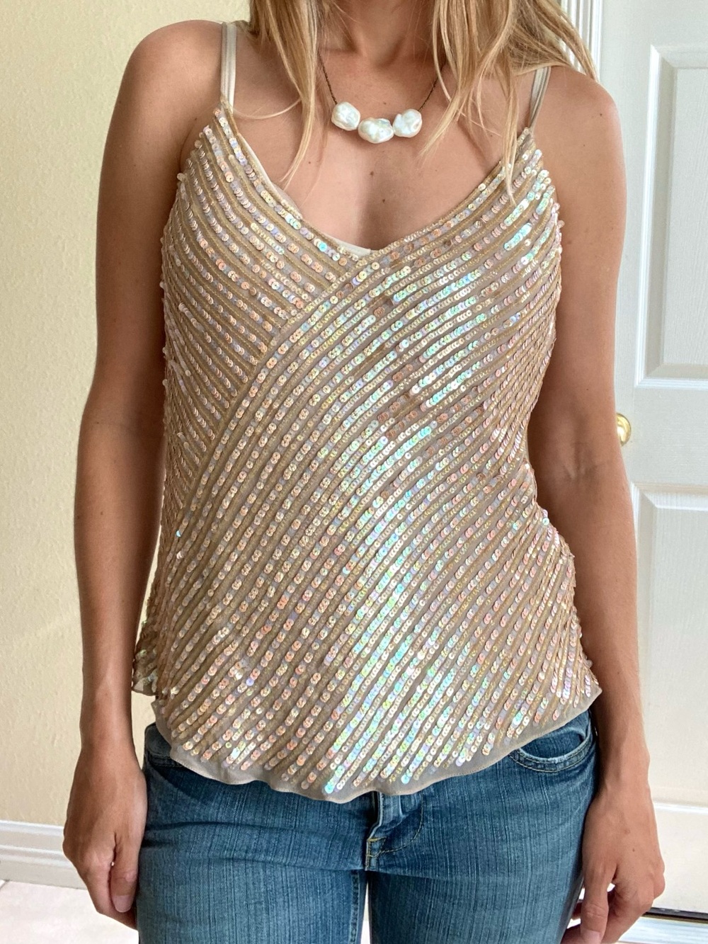 Vintage sequined pure silk going out party dressy cami tank deadstock